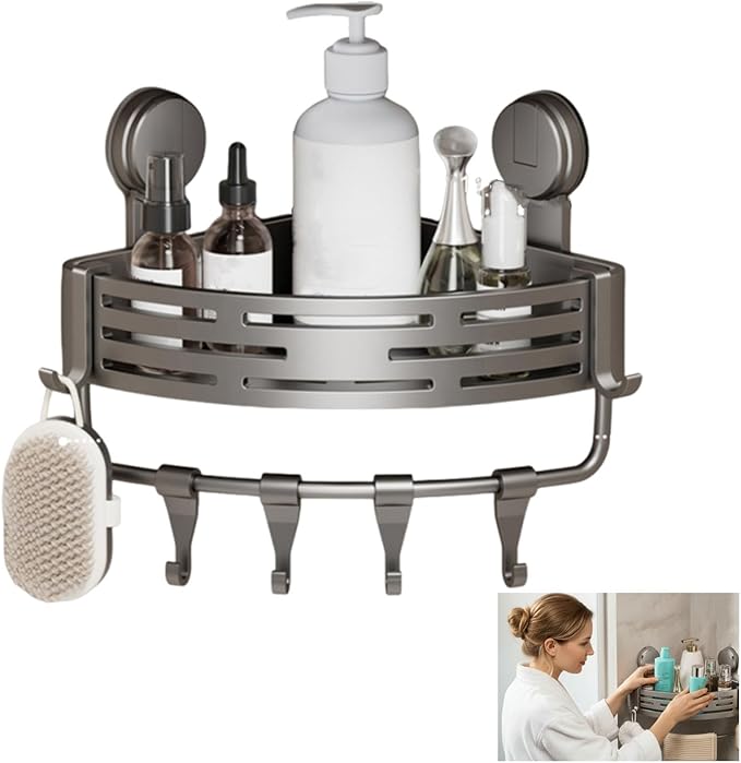 Xarewx Triangle Suction Cup Shower Caddy, No-Drill Bathroom Corner Shelf, 2-Tier Bathroom Organizer with Hooks & Towel Bar, Rust-Resistant, Heavy Duty Shower Corner Rack for Smooth Surfaces (Upgrade)