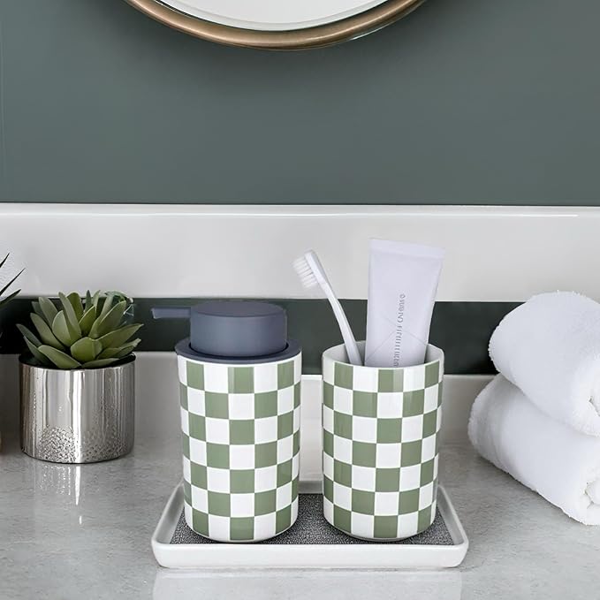 Bathroom Toothbrush Holder Set, Ceramic Soap Dispenser and Tooth Brush Holder Set, Modern Bathroom Accessories Sets Countertop, Checkered Bathroom Decor, Sage Green Bathrooms Decorative