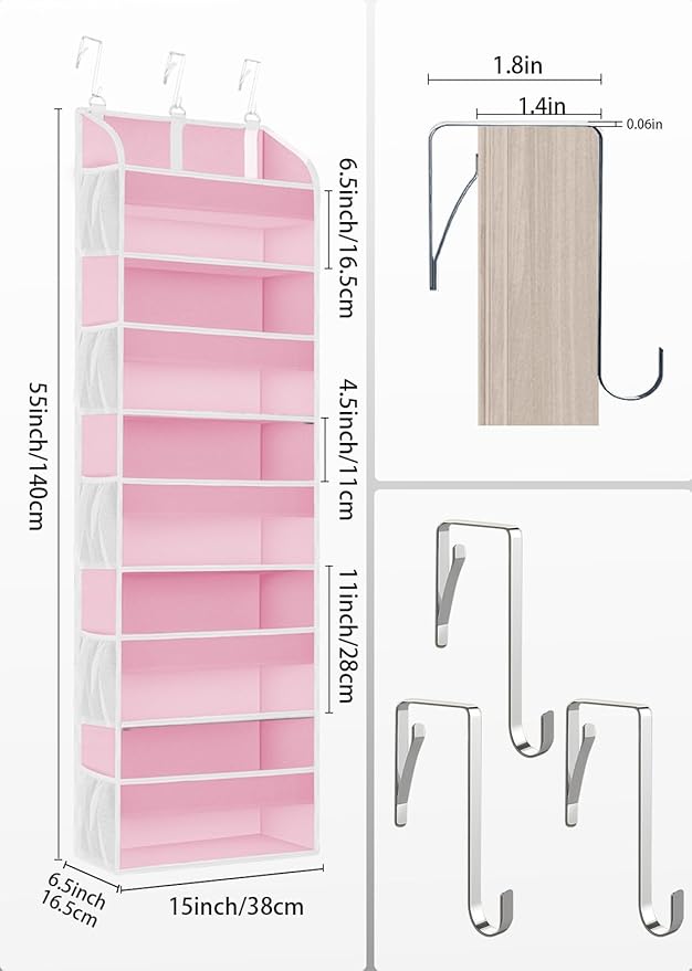 Pink Over the Door Organizer - 5-Tier Hanging Storage with Clear PVC Windows & 10 Mesh Pockets, Cute Closet Organizer for Makeup, Perfume, Toys, Perfect Pink Room Decor for Girl