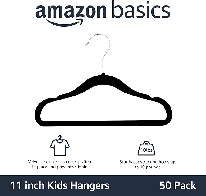 Amazon Basics Kids Velvet,Non-Slip Clothes Hangers for Infant and Toddler,11.6 in (for Baby Clothes),Black,50 Count (Pack of 4)