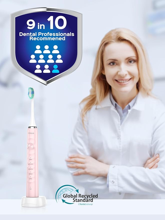 COSLUS C40 Sonic Electric Toothbrush for Adults: 47000 VPM for Deep Cleaning & Whitening with Travel Case - 5 Modes for Sensitive Teeth & Braces, Wireless Charging, 6 Brush Heads, Pink & Green (2PCS)