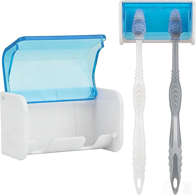 Toothbrush Holder Wall Mounted with Cover for Bathroom, 2 Slots Toothbrush Storage Organizer for Shower, Self Adhesive Toothbrush Hanger Rack for Dorm, Cabinet (Blue)