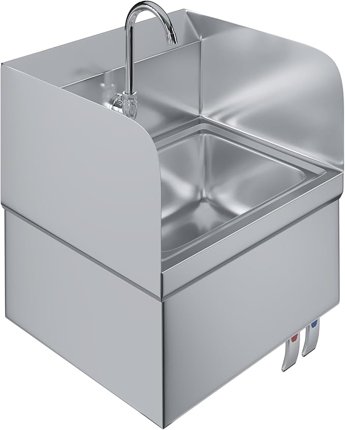 Stainless Steel Wall-Mounted Hand Sink with Hands-Free Double Knee Valves, Faucet, and Side Splash Guards, 17 in x 15 in