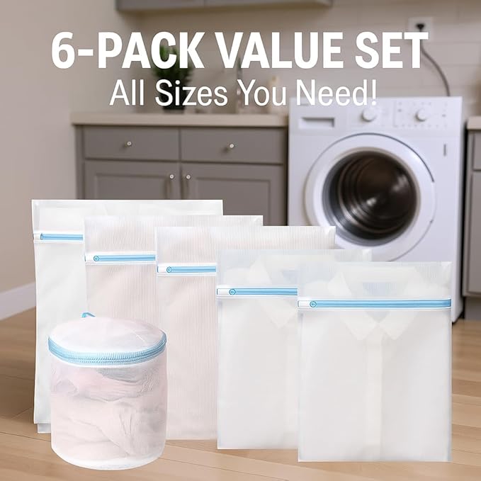 6 Pack Mesh Laundry Bags for Delicates with Auto-Lock Zipper, Durable Fine Washing Bag for Lingerie, Socks, Baby Clothes, Reusable Garment Bags for Travel, Storage & College Dorm (1L 2M 2S 1Bra Bag)