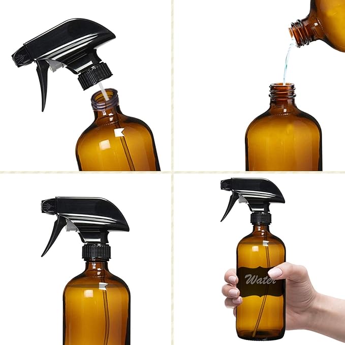 Homeries Amber Glass Spray Bottles For Cleaning Solutions (4 Pack) - 16 Ounce, Refillable Sprayer for Essential Oil, Water, Kitchen, Hair. Durable Black Trigger Sprayer w/Mist and Stream Settings