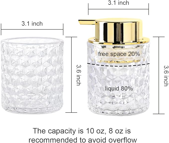 Clear Bathroom Accessories Set, 2pcs Glass Bathroom Accessory Set with Foam Soap Dispenser and Toothbrush Holder, Gold Foaming Soap Dispenser and Tooth Brush Holder for Brushes, Toothpaste