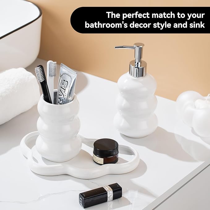 3-Piece White Ceramic Bathroom Accessories Set with Tray, Lotion Dispenser, and Tumbler for a Luxurious Bath Experience