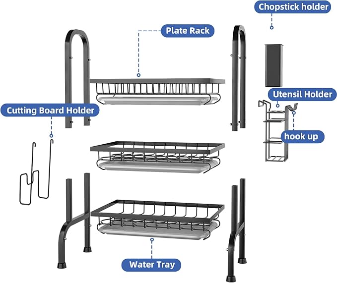 Dish Drying Rack 3 Tier Large Capacity Kitchen Dish Draining Rack Countertop Cultery Drainer with Drip Tray