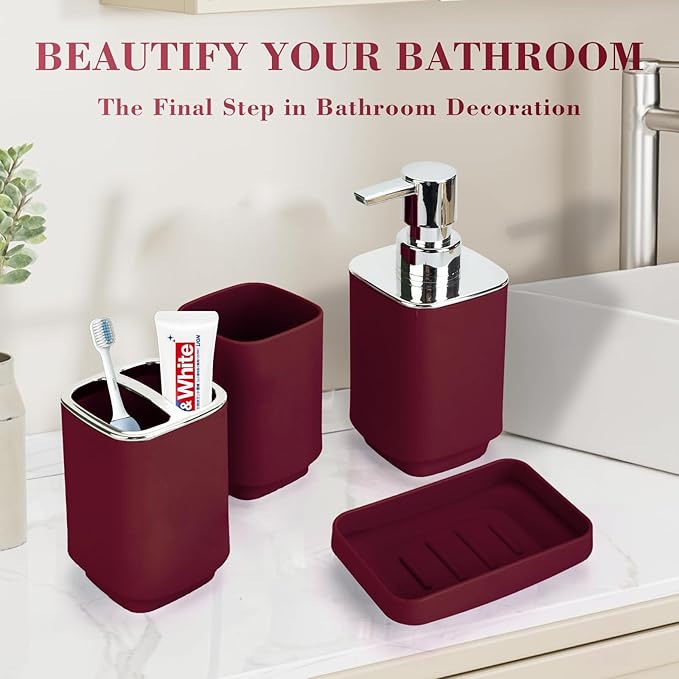 4Pack Bathroom Accessories Set, Bohemian Bathroom Sink Set, Contain Soap Dispenser, Toothbrush Holder, Soap Dish & Mouthwash Cup,Square soap and Toothbrush Holder Set