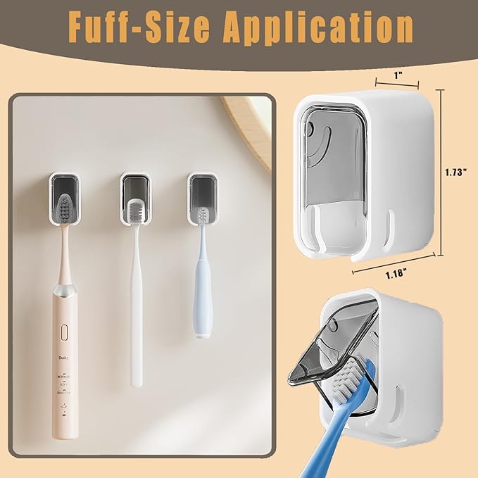 3PCS Dustproof Toothbrush Holders for Bathroom, Wall Mounted Toothbrush Holder with Cover, Toothbrush Travel Container Detachable and Single Toothbrush Dispenser for Bathroom, Family, Travel