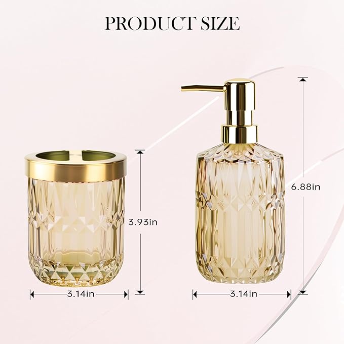 Glass Bathroom Accessories Set, 2PCS Clear Glass Bathroom Accessory, Toothbrush Holder and Soap Dispenser Set for Modern Bathroom Decor(Amber)