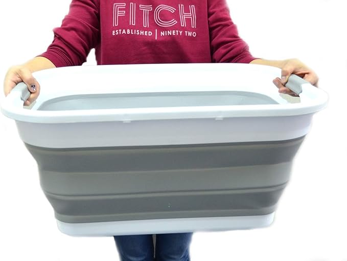 SAMMART Set of 2-41L(10.8 gallon) Collapsible Plastic Laundry Basket-Pop Up Storage Container-Portable Washing Tub-Space Saving Hamper/Basket, Water capacity:32L(8.4 gallon) (2 rectangular, Grey)