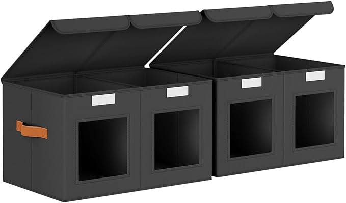 Large Closet Storage Bins - Collapsible Divided Clothes Organizer with Lids & Dual Window, Fabric Organizing Bins for Clothes, Sweater, Bedroom, Office (Black, 2 Pack)