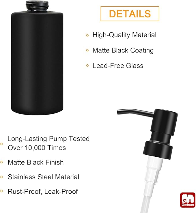 GMISUN Black Soap Dispenser, Hand Soap Dispenser for Bathroom, Dish Dispenser for Kitchen, 12 fl oz/350ml Glass Soap Bottle with Stainless Steel Pump, Modern Refillable Liquid Lotion Dispenser