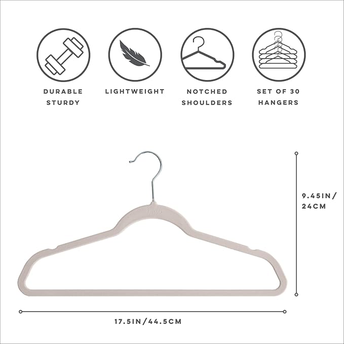 3 Sprouts - Adult Velvet Hangers - Non Slip Felt Clothing Hanger Set - Durable & Slim for Space Saving - Ideal Velvet Hangers for Organization - Lightweight Thin Clothes Hangers - Pack of 30 - Cream