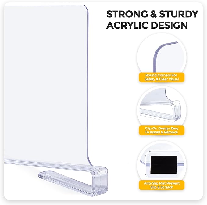 JOY DECOR 8 Pack Acrylic Clear Shelf Dividers for Closets Organizer and Storage Adjustable Vertical Wood Shelf Closet Separators for Clothes,Book,Bags in Bedroom and Kitchen