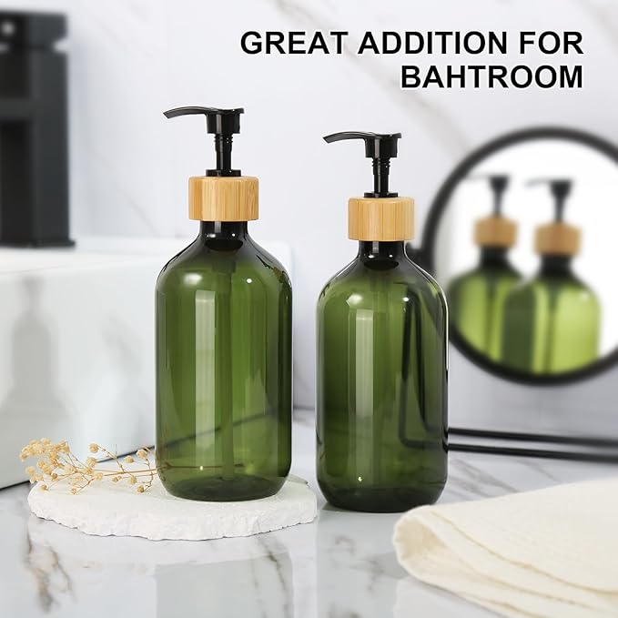 Green Soap Dispenser, Plastic Bathroom Soap and Lotion Dispenser Set with Bamboo Pump, 2 Pack 17 Fl Oz Hand and Dish Soap Dispensers Set for Bathroom, Refillable Liquid Soap Bottles