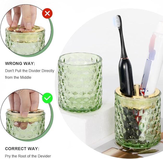 2pcs Green Toothbrush Holders for Bathrooms, Glass Toothbrush Holder and Bathroom Tumbler Set, Gold Tooth Brush Cup Holder, Bathroom Counter Organizer for Brushes, Toothpaste