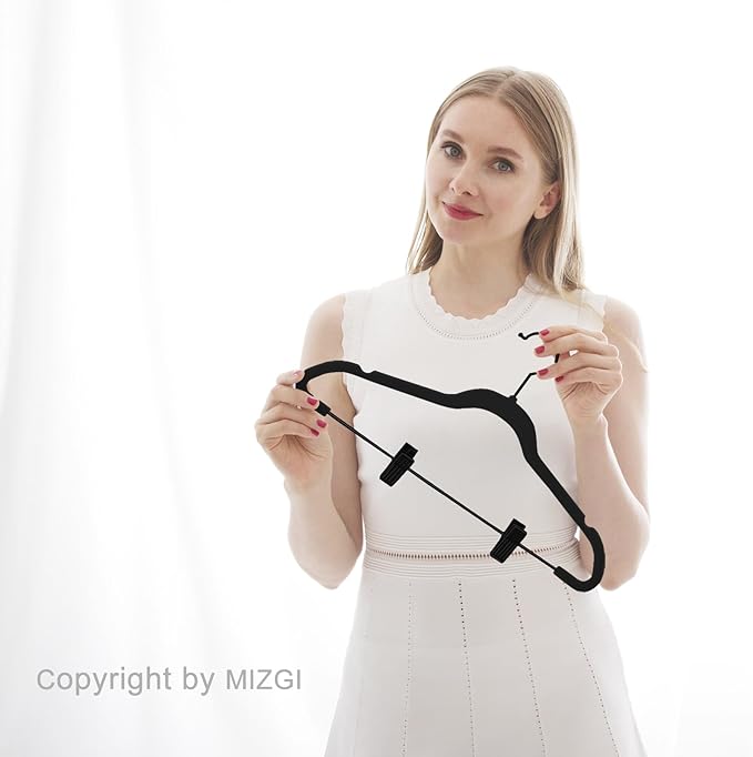 MIZGI Premium All Black Velvet Pants Hangers with Adjustable Clips (Pack of 30) Slim Skirt Hangers- Non Slip Felt Outfit Dress Hangers- Black Hooks,Space Saving Shirt Clothes Hangers