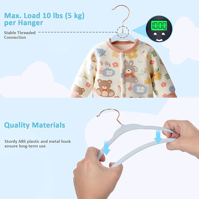 Baby Hangers 50 Pack - 11 Inch Premium Velvet Non Slip Kids Hanger for Infant & Toddler Clothes - 0.2" Ultra Thin Baby Closet Hangers with 10 Hanger Clips - Blue