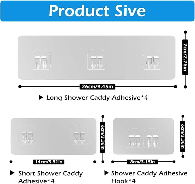 Lsnisni 12 Pack Shower Caddy Adhesive Replacement, Shower Adhesive Strips, Strong Adhesive Hooks, Waterproof Sticker, No Drilling, for Bathroom Shelf and Kitchen Racks