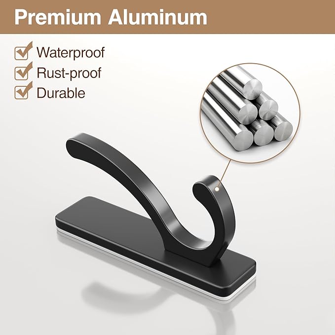 pickpiff Adhesive Wall Hooks for Towels - Sticky Hook Hanging Heavy Duty (13lb), Hanger for Door, Bathroom, Dorm, Closet - for Coats, Purse, Bag, Robe - No Damage to Wall - Black 6 Pack