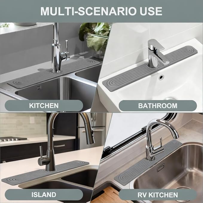 Meiliweser Stone Faucet Mat for Kitchen Sink, Quick Dry Diatomite Sink Splash Guard, Upgraded U-shaped Drying Sink Protectors, Non-Slip Stone Tray for Bathroom Counter (23.6" x 4", Dark Gray)