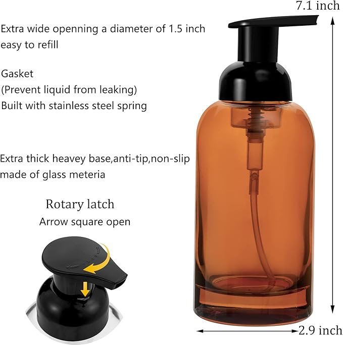 rejomiik 2 Pack Foaming Soap Dispenser Thick Glass Foam Hand Soap Dispenser for Bathroom or Kitchen Sink, 13 oz Pump Bottles for Hand soap, Body Wash, Clear Amber