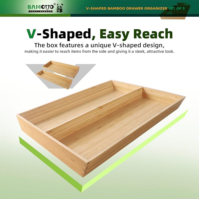 V-Shaped 3-Pack 19.6" Long Bamboo Drawer Organizer Box - Easy Reach Cutlery Tray for Flatware Silverware Utensil, Kitchen & Home Use (19.6"x5.7"/19.6"x7.8"/19.6"x12.4")