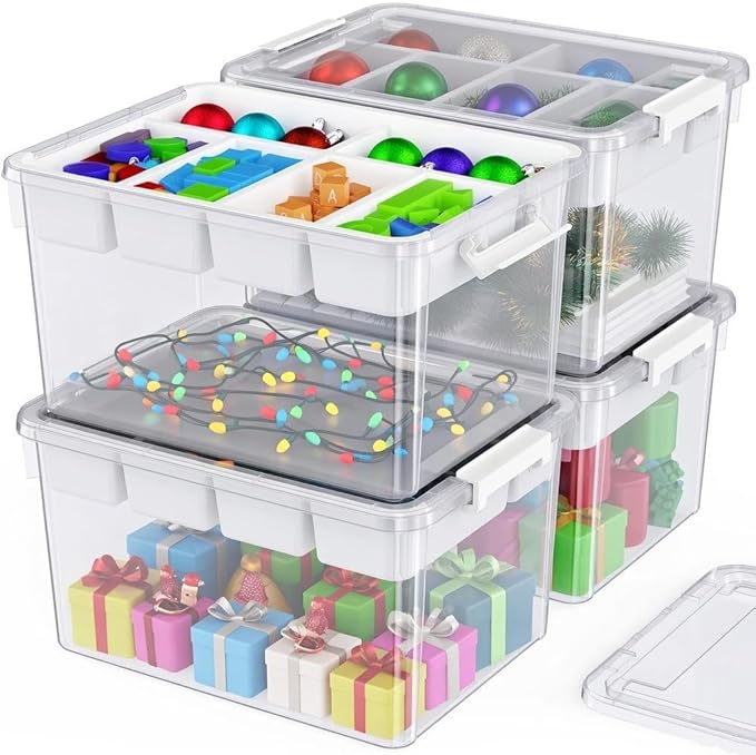 HOMETUK 160Qt Plastic Storage Bins with Lids, Clear Latching Organizers Boxes with Removable Trays, Large Portable Storage Containers, for Holiday Ornaments, Home Organization, 4Pack