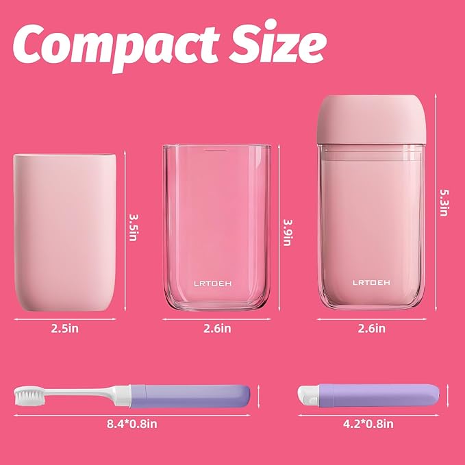 Travel Toothbrush Set, Portable Travel Wash Cup with Foldable Toothbrush, Small Toothbrushes Case Holder with Cover, Lightweight Mini for Hiking, Business Trip (Pink)