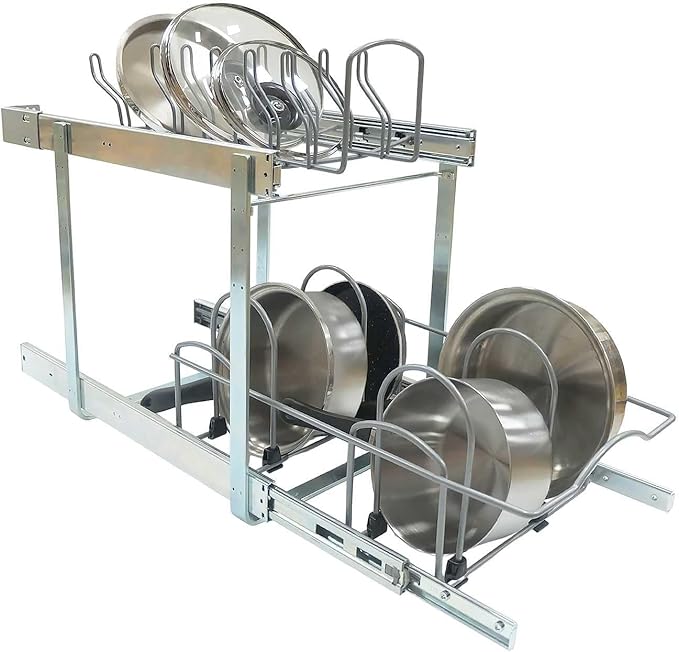 2 Tier Pull Out Pot and Pan Organizer,(11½"W x 22" D) Pull Out Cabinet Organizer for Pot Pan Lid Organization, Individual Pull Out Cabinet Organizer for 15 inch and above cabinet (11½"W x 22"D)