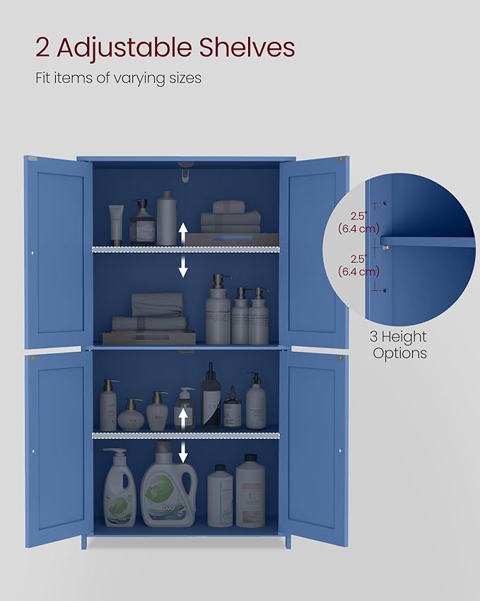 VASAGLE Floor Storage Cabinet, Shaker Cabinet with 2 Adjustable Shelves, 4 Doors, Tall Freestanding Organizer Unit, for Kitchen Bathroom Living Room, Bijou Blue UBBC553QE01S