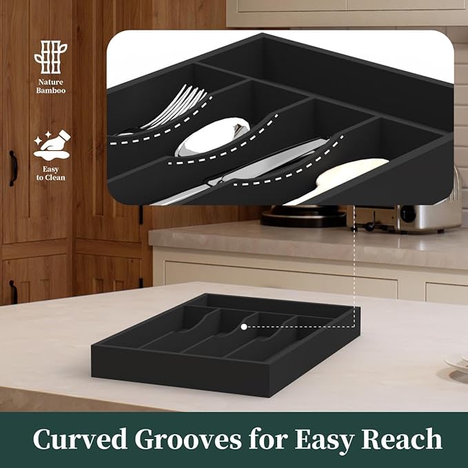 Bamboo Silverware Organizer, Kitchen Drawer Organizer, Utensil Holder, Cutlery Tray & Spoon Flatware Storage with Grooved Drawer Dividers (5 Slots, Black)