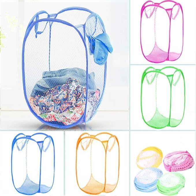 Qtopun Mesh Popup Laundry Hamper, 4 Pack Foldable Portable Dirty Clothes Basket for Bedroom, Kids Room, College Dormitory and Travel (White body with Pink,Yellow,Green,Light Blue)