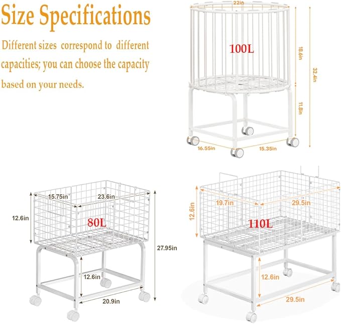 Wire Laundry Hamper Cart,80L Laundry Hamper Trolley with Pull Handle,White High Laundry Basket Cart for Laundry Room,Bathroom,Bedroom-White（23.6 * 15.75 * 28inch）
