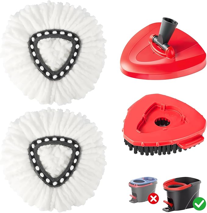 4-in-1 Mop Heads Replacements for O Cedar EasyWring 1 Tank System, Includes 1 Base | 1 Scrub Brush Head | 2 Spin Mop Heads, Full Set Mop Replace Heads for Cleaning Home, Bathroom & Kitchen
