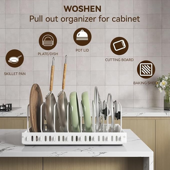 Pots and Pans Organizer Under Cabinet, Pull Out Pots and Pans Organizer, Expandable Sliding Lid Holder and Pan Rack for Pot Lid, Bakeware, Dishes, 10 Adjustable Dividers
