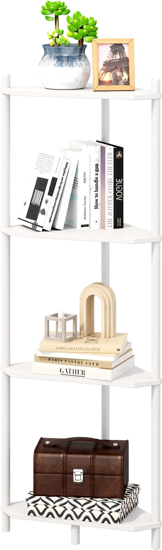 Corner Shelf Stand - 4 Tier Bamboo Small Corner Bookshelf for Office Kitchen Bedroom Plant Stand Living Room Decor Small Space (White, 4 Tier)