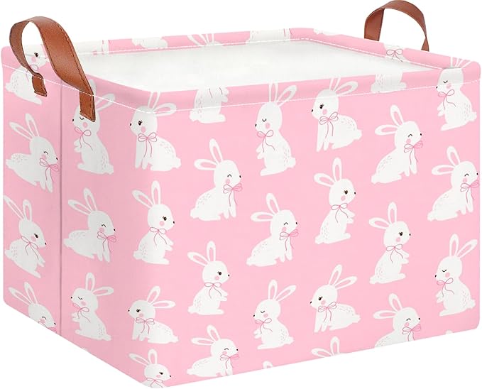 CLOCOR Rectangular Pink Easter Gift Basket Empty,Waterproof Easter Bunny Bakset for Egg Hunting(Pink Easter Bunny)