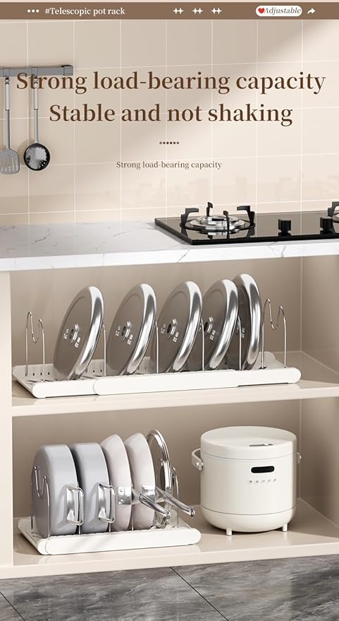 Expandable Pot Organizer with 7 Adjustable Dividers for Kitchen Cabinets, Baking Dishes, Bakeware, Pot Lids and Pantry Countertops (White)