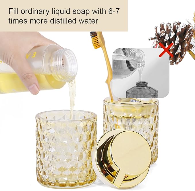 Bathroom Accessories 2 Piece Set Glass Soap Dispenser and Toothbrush Holder, 10oz Foaming Soap Dispenser, Amber Toothbrush and Toothpaste Holder Organizer Cup for Modern Bathroom Decor