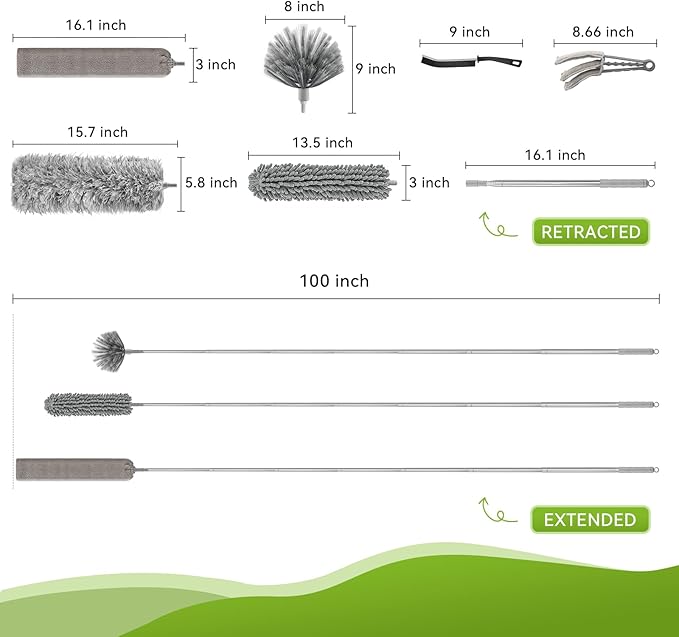 12-in-1 Professional Deep Cleaning System, 100-inch Extendable Duster with Under-Appliance Pads & Multi-Angle Heads for Ceiling Fans, High Ceilings, Blinds, and Gaps