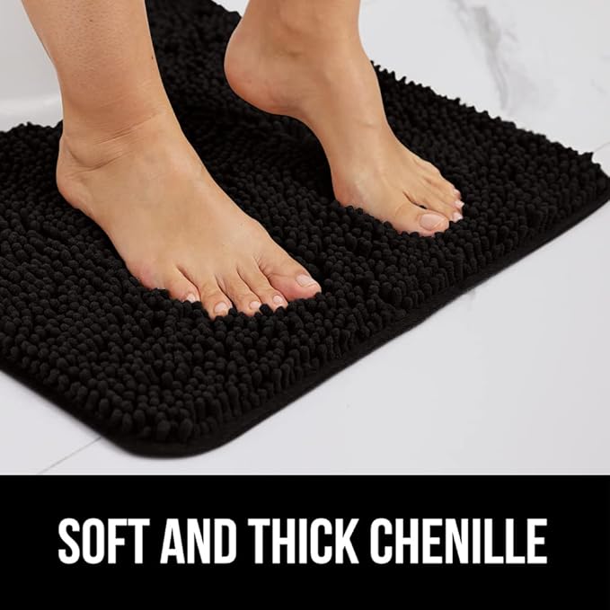 GORILLA GRIP Bath Rug Mat 42x24, Thick Soft Absorbent Chenille, Quick Dry Microfiber Mats, Rubber Backing Washable Shower Floor Rugs, Bathmat Runner, US Designed Bathroom Home Decor Accessories Black