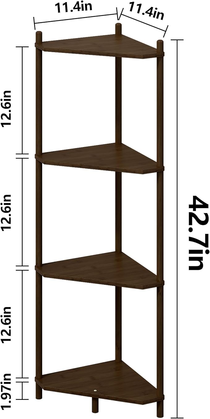 Corner Shelf Stand - 4 Tier Bamboo Small Corner Bookshelf for Office Kitchen Bedroom Plant Stand Living Room Decor Small Space (Brown, 4 Tier)