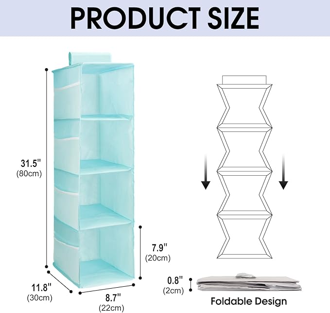 PetsHome 4-Shelf Hanging Closet Organizer, Space Saver, Closet Hanging Storage Shelves with Mesh Pockets & Magic Tap for Storage, Foldable-Blue