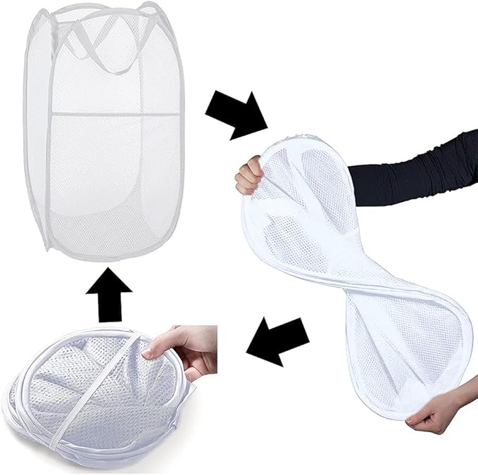 Pop up Laundry Hamper, Portable Foldable Mesh Clothes Hamper for Kids Room, College Dorm or Travel, Collapsible Laundry Basket for Storage, White