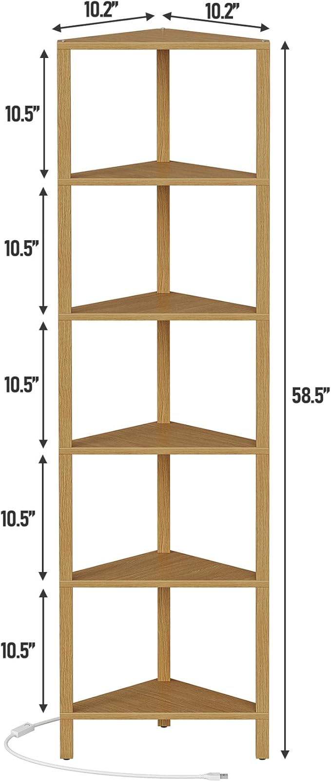 TUTOTAK Corner Shelf with LED Light, 6-Tier Corner Bookshelf for Small Space, Narrow Display Corner Shelf Stand with Storage Rack, for Living Room, Bedroom, Natural BS05BN006L