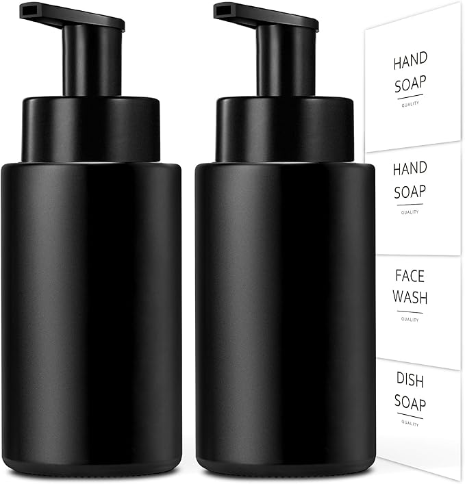 Matte Black Foaming Hand Soap Dispenser, 10 oz/300ml Glass Foam Dispenser, 2 Pcs Foaming Soap Dispenser for Bathroom, Black Refillable Pump with Waterproof Labels