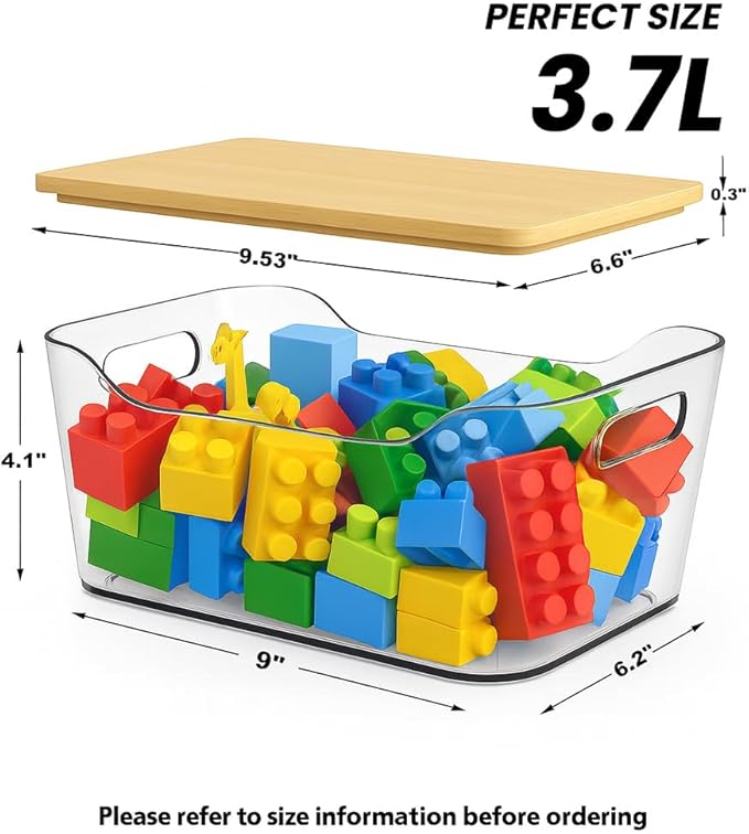 6 Pack Clear Storage Bins with Bamboo Lids, Stackable Organization and Storage Containers with Handle for Pantry, Cabinet, Closet, Fridge, Bathroom, Organizer Bins for Home & Kitchen